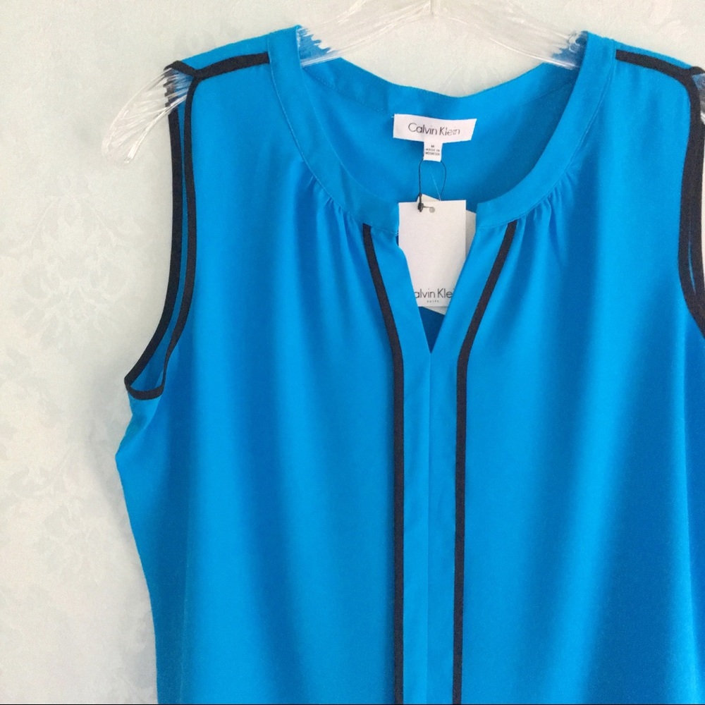 NWT Calvin Klein Blue Piped Sleeveless Blouse
